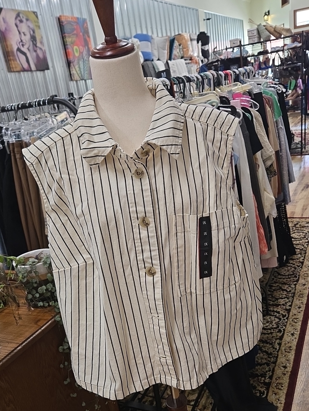 Sleeveless Striped Button-Front Vest - Cream/Black